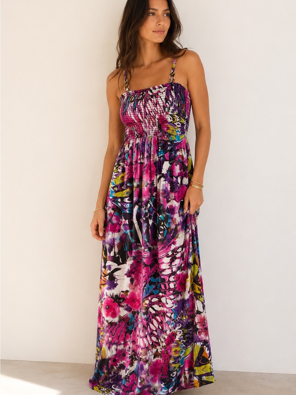Cache 95% Silk Floral Smocked Maxi Dress Y2K Size S